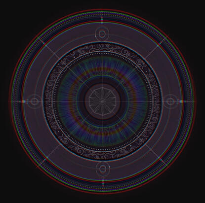 Sigil: A concentric, colored “magic circle” packed with filigree and lines with subtle RGB offsets over a black background.