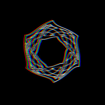 Hexvoid A: A Glitchy-RGB hexagonal pattern made of colored pixel wireframes over a black background.