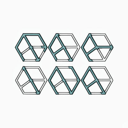 Nametube: Six identical teal-and-white hexagonal shapes in two rows on white, looking graphic and clean. The teal elements on each hexagon creates a letter, and the shapes spell out M A R I N A.