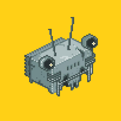 Toaster: Pixel art of a rectangular, grey, insectoid robot's head over a yellow background. Made on MSPaint.