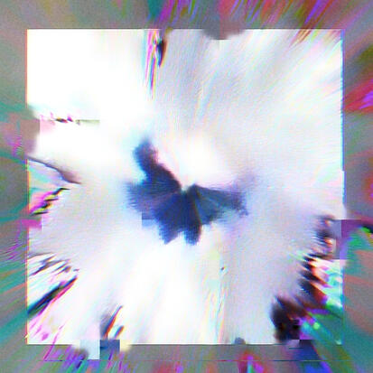 Liblikas: A glitchy, abstract image of a blurred butterfly-like shape at the center, exploding into bright light. Neon color streaks and blocky distortions radiate outward.