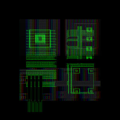 Access: A black background with a 2×2 grid of glitch-style digital graphics. Each panel shows layered geometric patterns resembling circuit layouts in bright green, with red and blue offsets creating an RGB split effect. Lines, grids, and rectangles overla