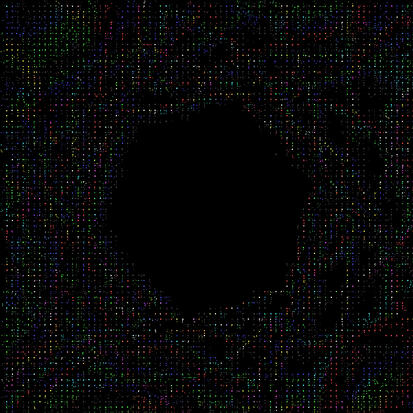 Hexvoid B: A glitchy-RGB hexagonal pattern made of a field of tiny rainbow dots around a hex void.