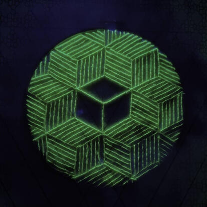 Embroidery: A circular pattern of neon-green embroidery stitches forming interlocking cubes. The actual embroidery was made by my wife with glow-in-the-dark filament, picture taken and edited by me.